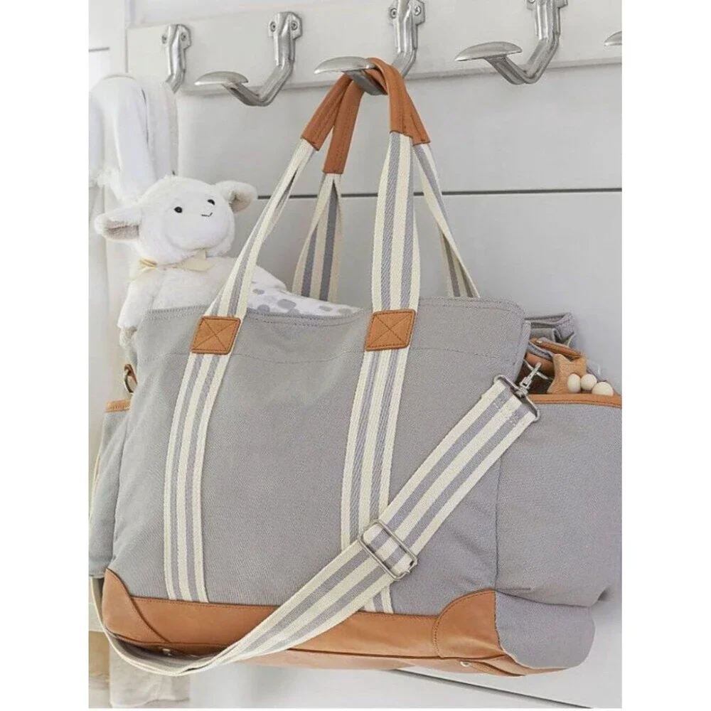 Pottery Barn Classic Diaper Bag Light Gray Canvas Large Travel Neutral Casual L